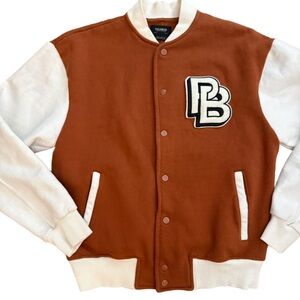 Pull&Bear Men's Varsity Jacket in Brown and White Size Small EUC